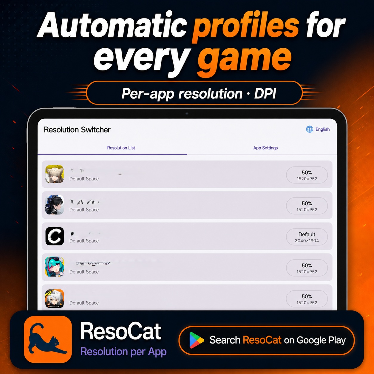 ResoCat per-app profile interface shown in a tablet promotional image